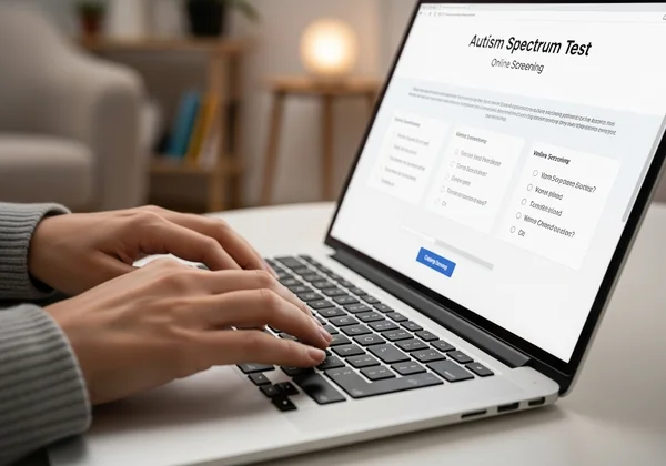 Orang mengambil ujian saringan autisme dalam talian pada komputer riba