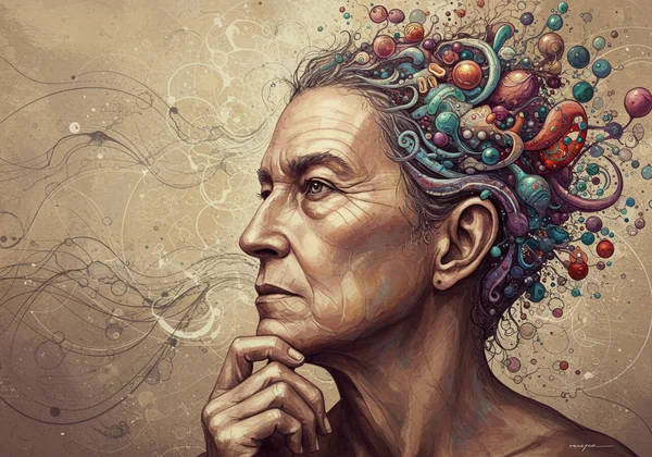 Erwachsener, der nachdenkt und abstrakt verschiedene Denkprozesse zeigt