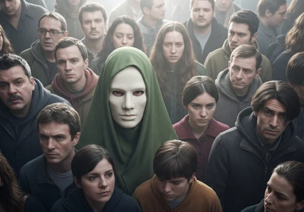 A person wearing a neutral mask in a diverse crowd, blending in