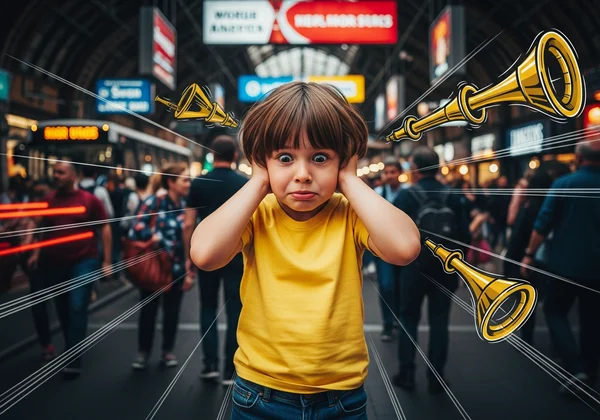 Child covering ears in noisy environment