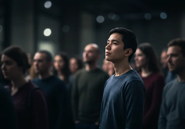 Person feeling different, on a unique wavelength in a crowd.