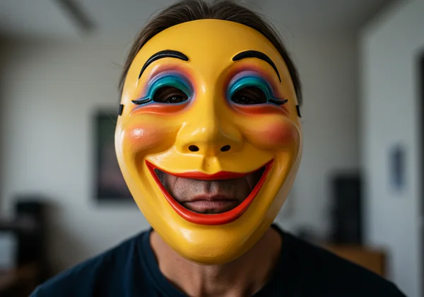 Person wearing a cheerful mask, looking exhausted underneath.