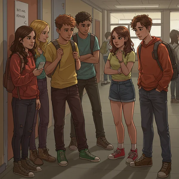 Teenager isolated in a social group, reflecting challenges