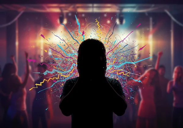 Illustration of sensory overload in a social setting.
