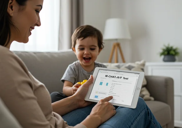 Parent filling out M-CHAT-R/F questionnaire on tablet