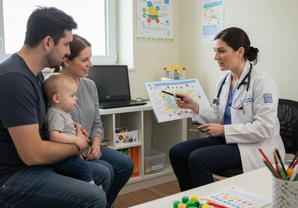 Parent and child talking with a developmental specialist