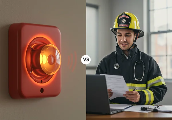 Smoke alarm and a firefighter representing screening vs diagnosis