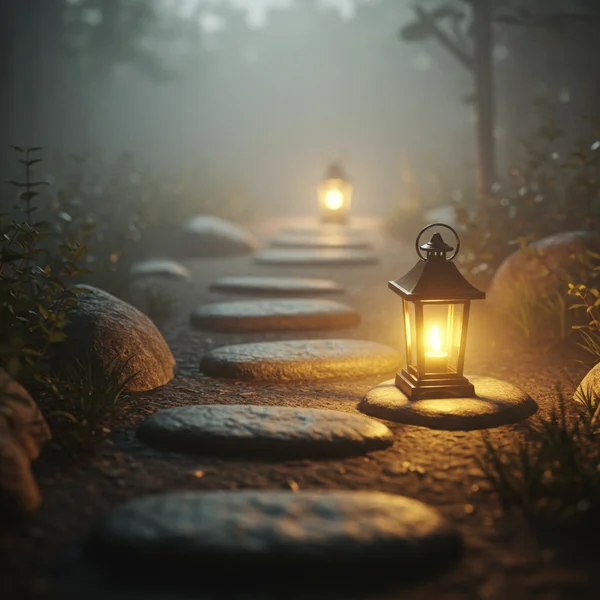 A warm lantern lighting a path, symbolizing guidance and hope